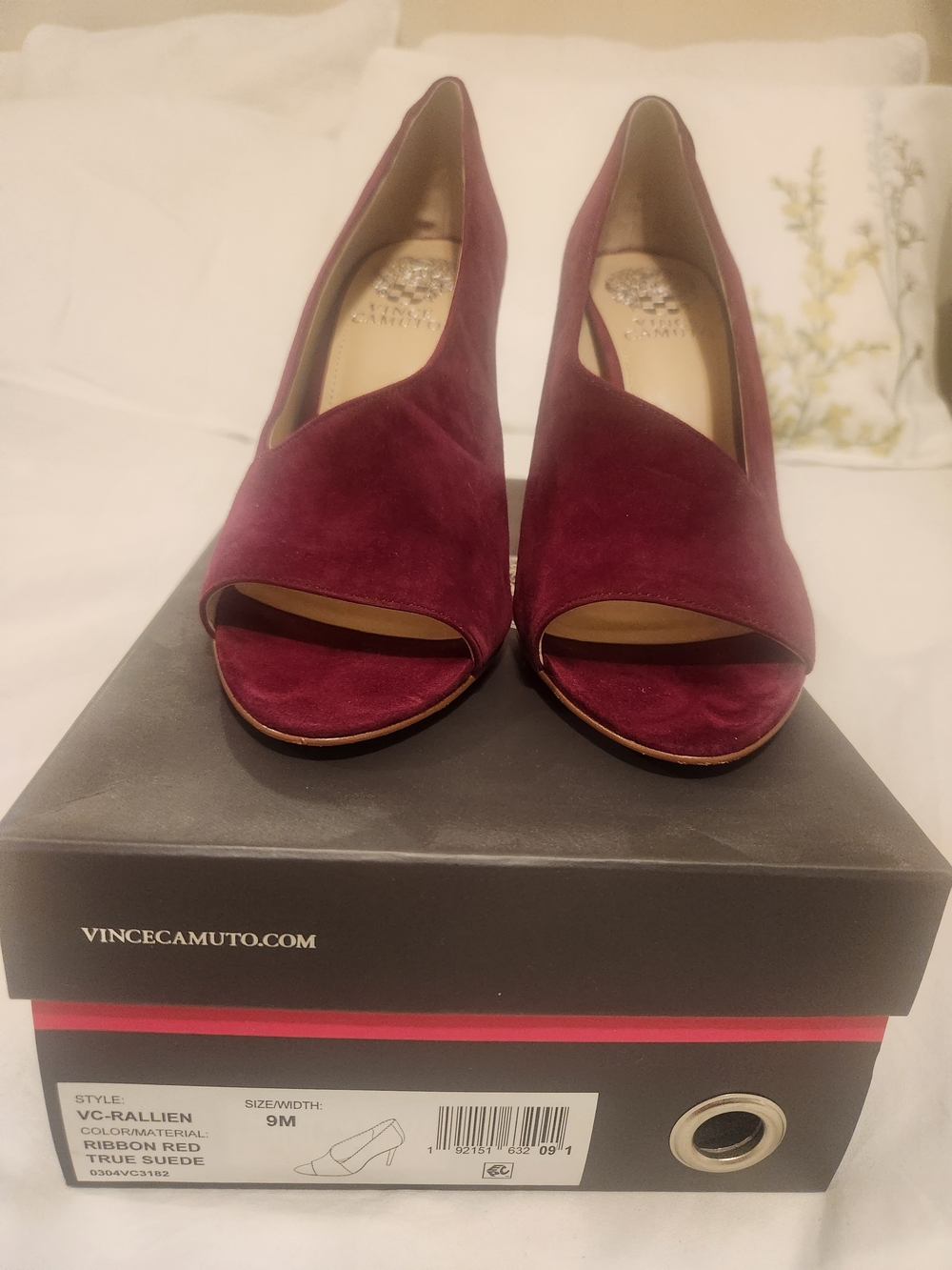 Vince Camuto Ribbon Red Peep-Toe Suede Pumps